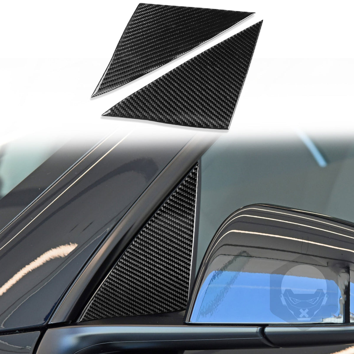 Tesla Model Y 2020-2025 rear-view mirror triangle window decoration with A-pillar accent overlays, self-adhesive exterior trim.