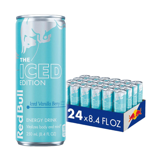 Red Bull Energy Drink variety pack with White Peach, Iced Vanilla Berry, Pink Edition Wild Berries cans, 8.4 fl oz, 24 cans total.