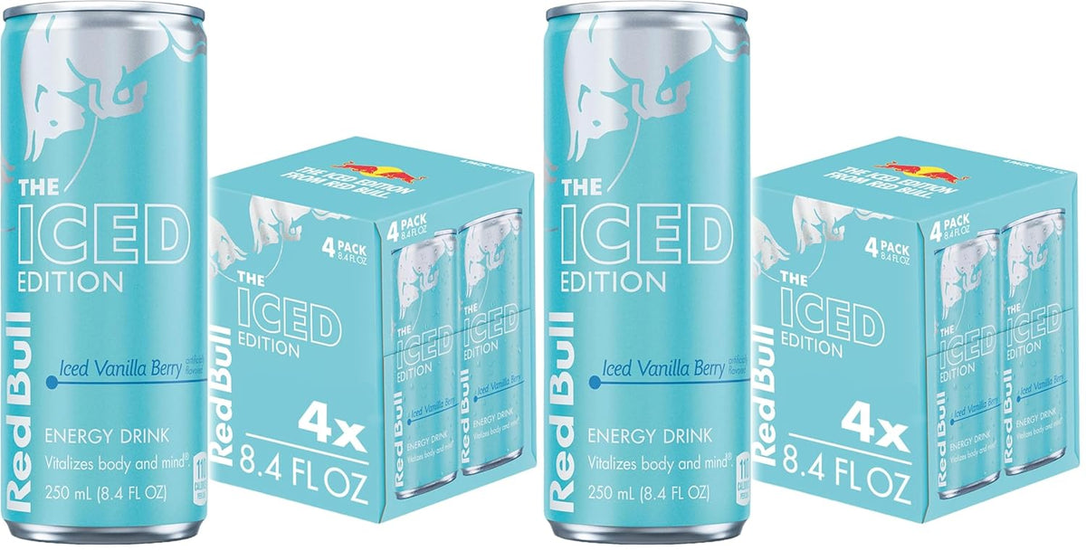 Red Bull Energy Drink Variety Pack with White Peach, Iced Vanilla Berry, Pink Edition Wild Berries cans, 8.4 fl oz, 24-pack.