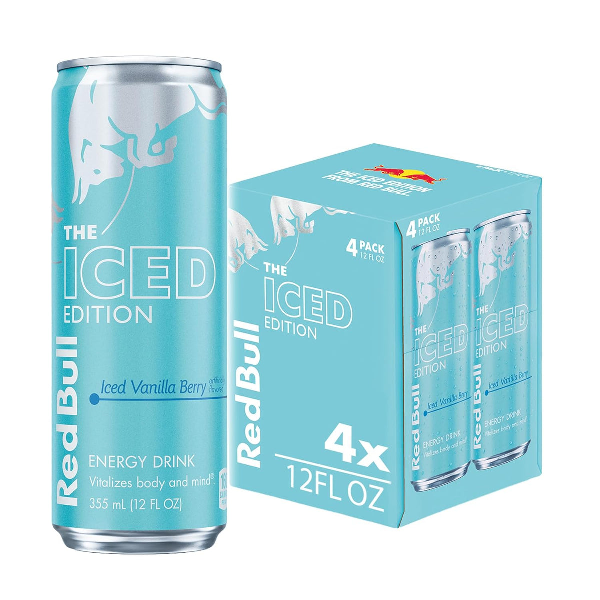 Red Bull energy drink variety pack with 24 cans, featuring White Peach, Iced Vanilla Berry, Pink Edition Wild Berries flavors.