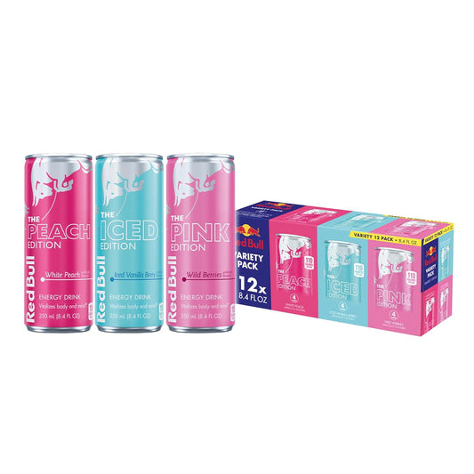 Red Bull Iced Vanilla Berry energy drink cans, 8.4 fl oz, with red and purple branding, arranged in packs of four.