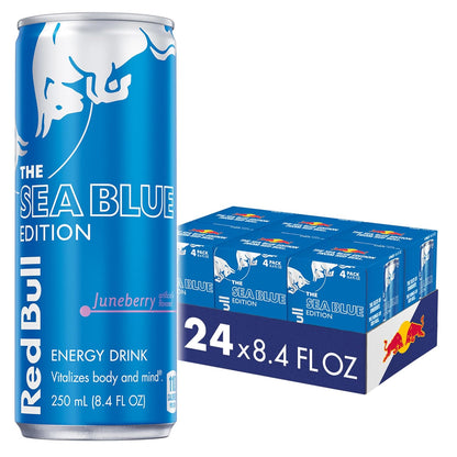 Red Bull Iced Vanilla Berry energy drink cans, 8.4 fl oz, with red and purple berry design, in a pack of 24 cans.
