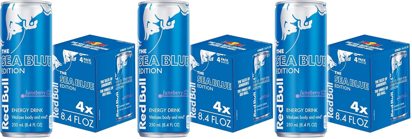 Red Bull Iced Vanilla Berry energy drink cans, 8.4 fl oz, pack of 24 with 6 packs of 4 cans, featuring vibrant red, vanilla, and berry labels.