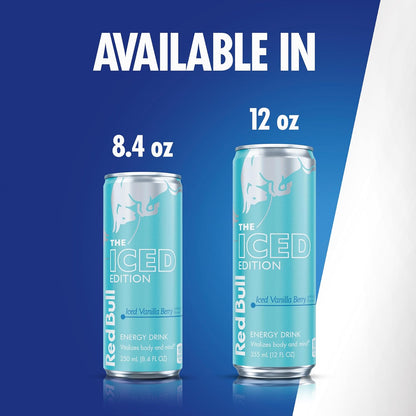 Red Bull Iced Vanilla Berry energy drink cans, 8.4 fl oz, in packaging of 24 cans, featuring a red and berry-themed design.