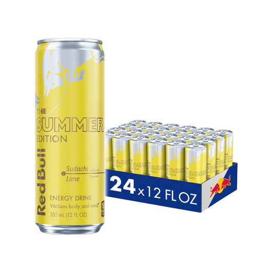 Four cans of Red Bull Red Edition Watermelon Energy Drink, 8.4 fl oz each, with bright red and watermelon-themed packaging.