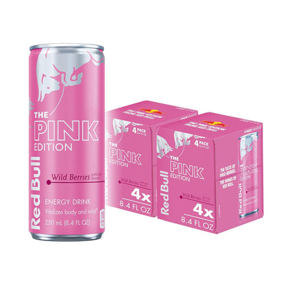 Four cans of Red Bull Red Edition Watermelon Energy Drink, 8.4 fl oz each, with vibrant red and watermelon-themed branding.