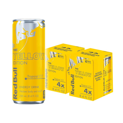 Four cans of Red Bull Red Edition Watermelon Energy Drink, 8.4 fl oz each, with vibrant red and watermelon-themed design.