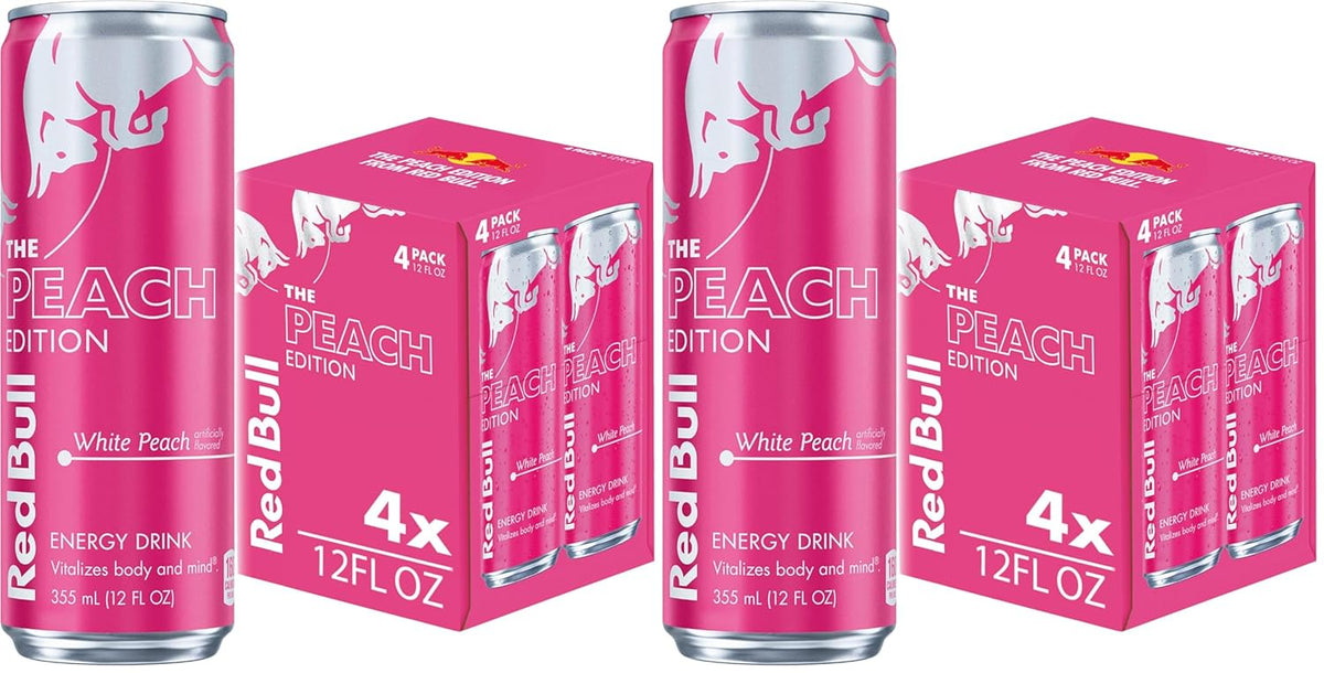 Four cans of Red Bull Red Edition Watermelon Energy Drink, 8.4 fl oz each, stacked in a package with vibrant watermelon branding