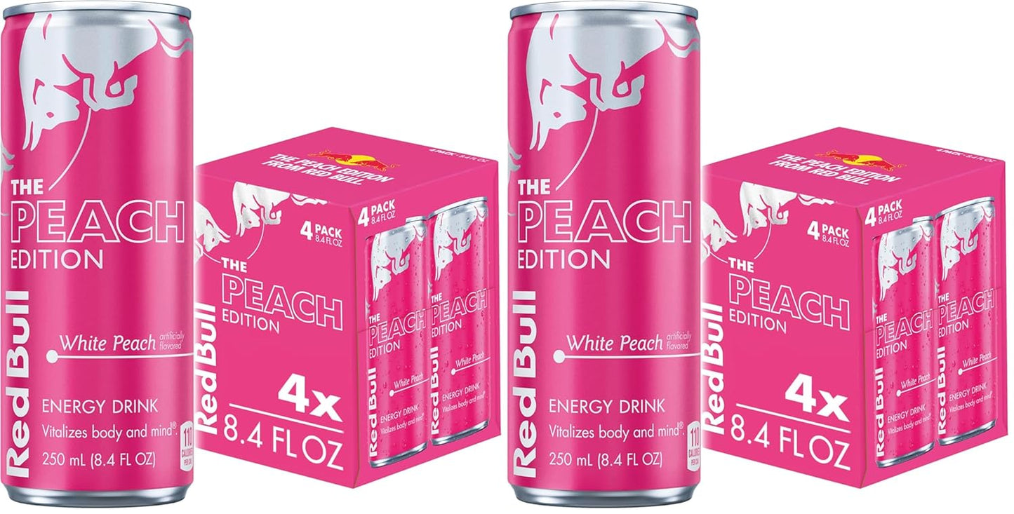 Four cans of Red Bull Red Edition Watermelon Energy Drink, 8.4 fl oz each, arranged in a pack with vibrant watermelon-themed design.
