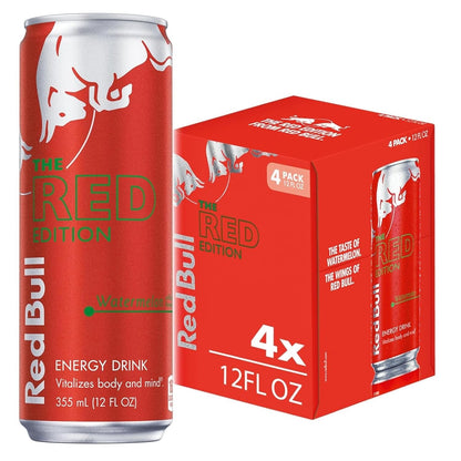 Four cans of Red Bull Red Edition Watermelon Energy Drink, 8.4 fl oz each, showcasing the vibrant red and watermelon flavor design.
