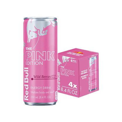 Four cans of Red Bull Red Edition Watermelon Energy Drink, 8.4 fl oz, with vibrant red and watermelon-themed branding.