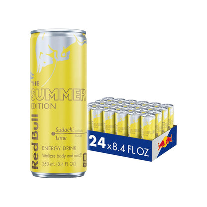 Four cans of Red Bull Red Edition Watermelon energy drink, 8.4 fl oz each, arranged in a row with red and watermelon-themed branding.