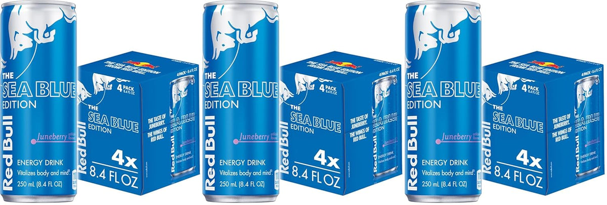 Four cans of Red Bull Red Edition Watermelon Energy Drink, 8.4 fl oz each, stacked together, featuring bright red and watermelon graphics.