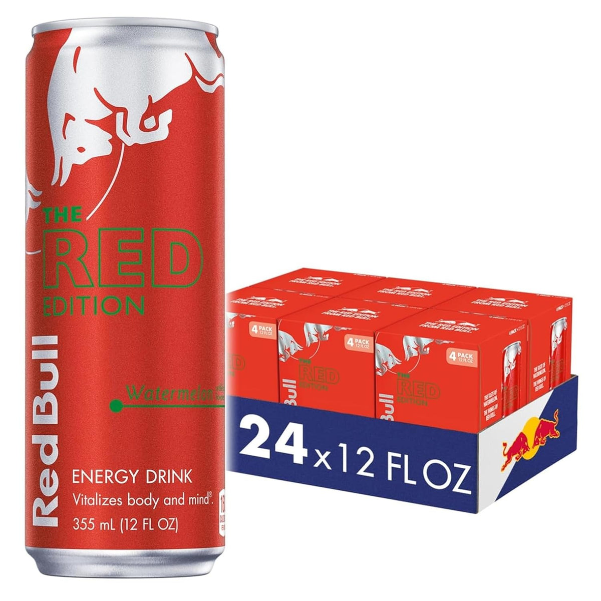 Four cans of Red Bull Red Edition Watermelon Energy Drink, 8.4 fl oz each, stacked with vibrant red and watermelon branding.