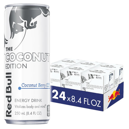 Four cans of Red Bull Red Edition Watermelon Energy Drink, 8.4 fl oz each, stacked with vibrant watermelon branding.