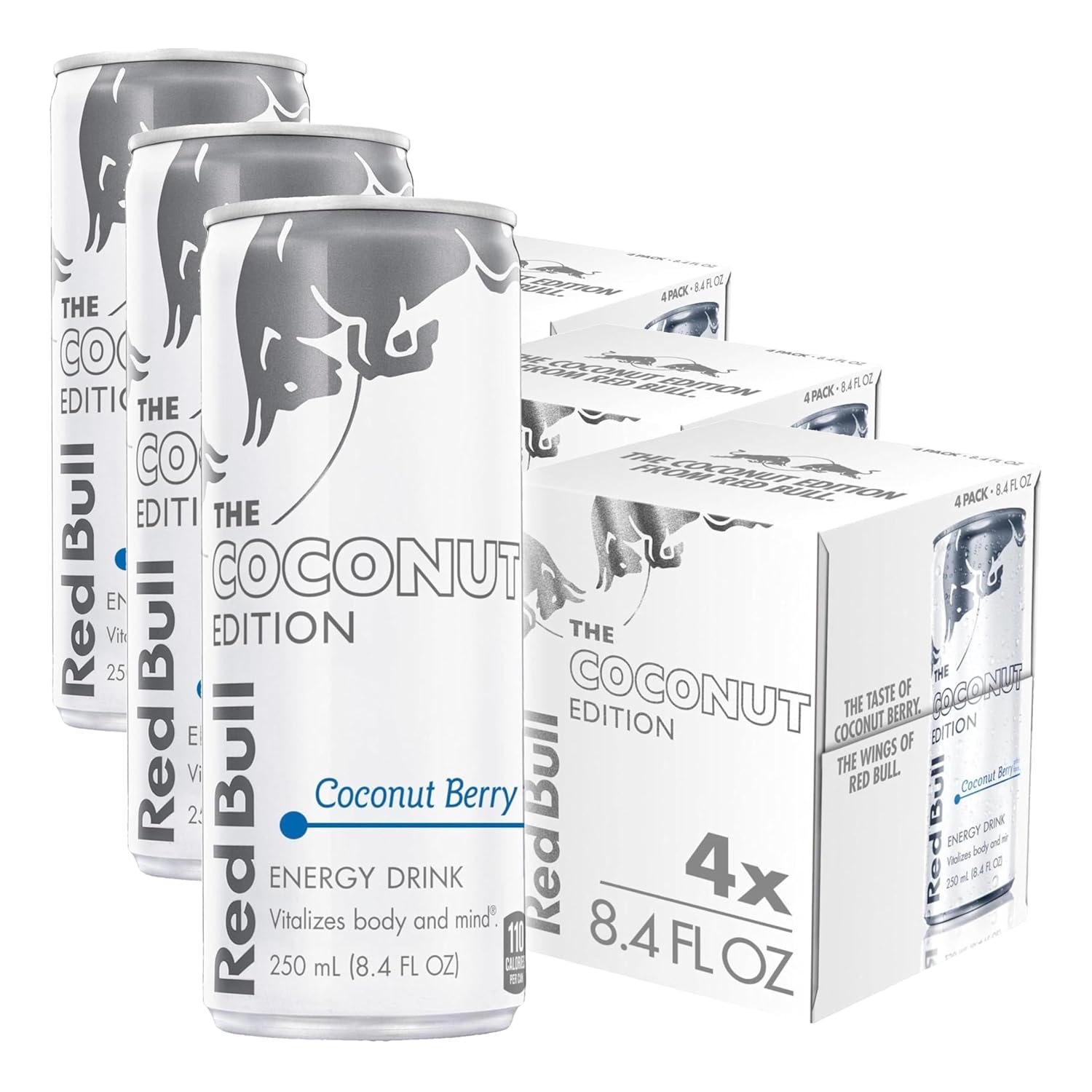 Four cans of Red Bull Red Edition Watermelon Energy Drink, 8.4 fl oz each, with vibrant red and watermelon-themed packaging