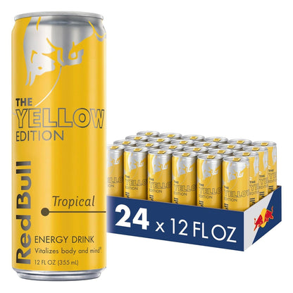 Four cans of Red Bull Red Edition Watermelon Energy Drink, 8.4 fl oz each, stacked with vibrant watermelon branding.