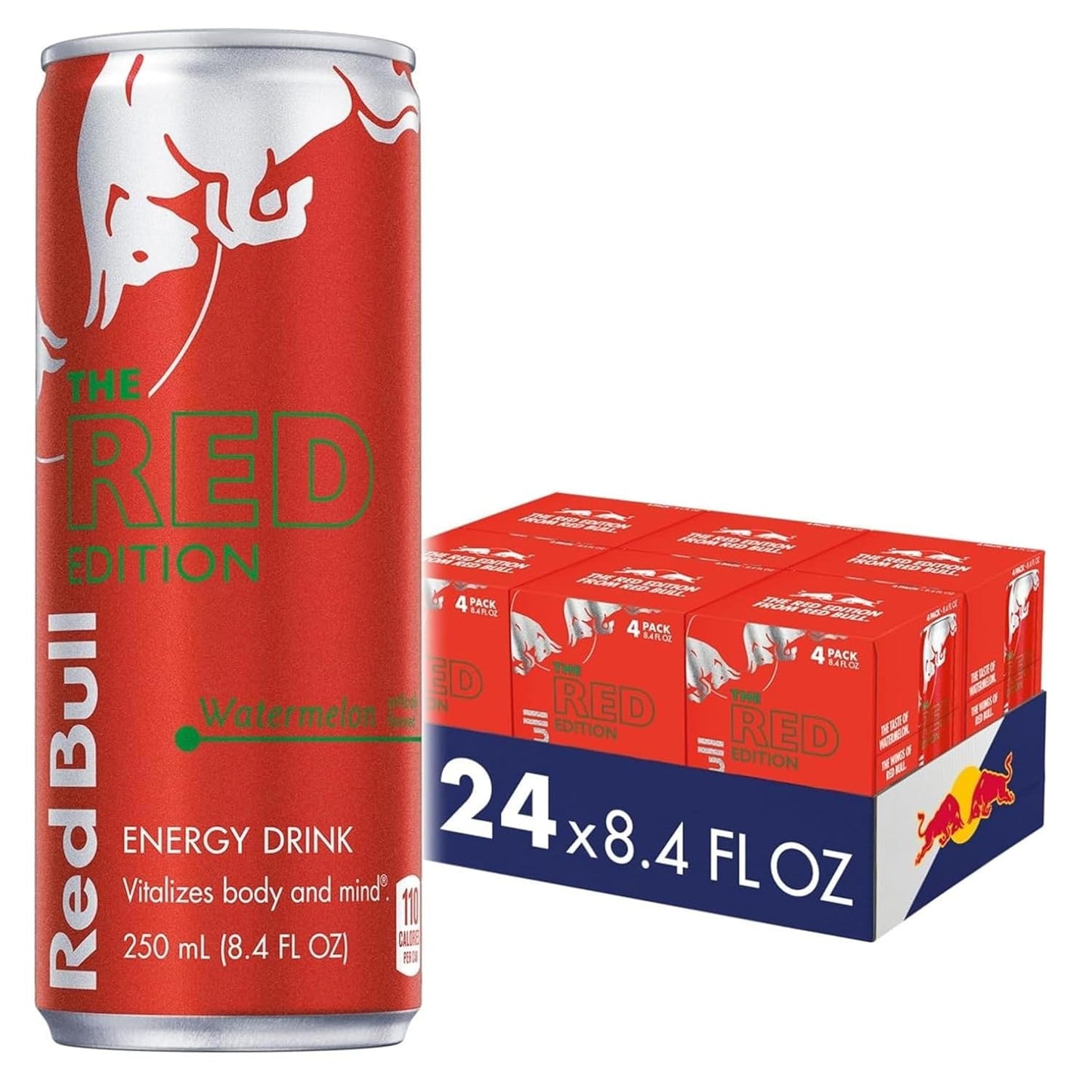 Four cans of Red Bull Red Edition Watermelon Energy Drink, 8.4 fl oz each, arranged together in a pack.