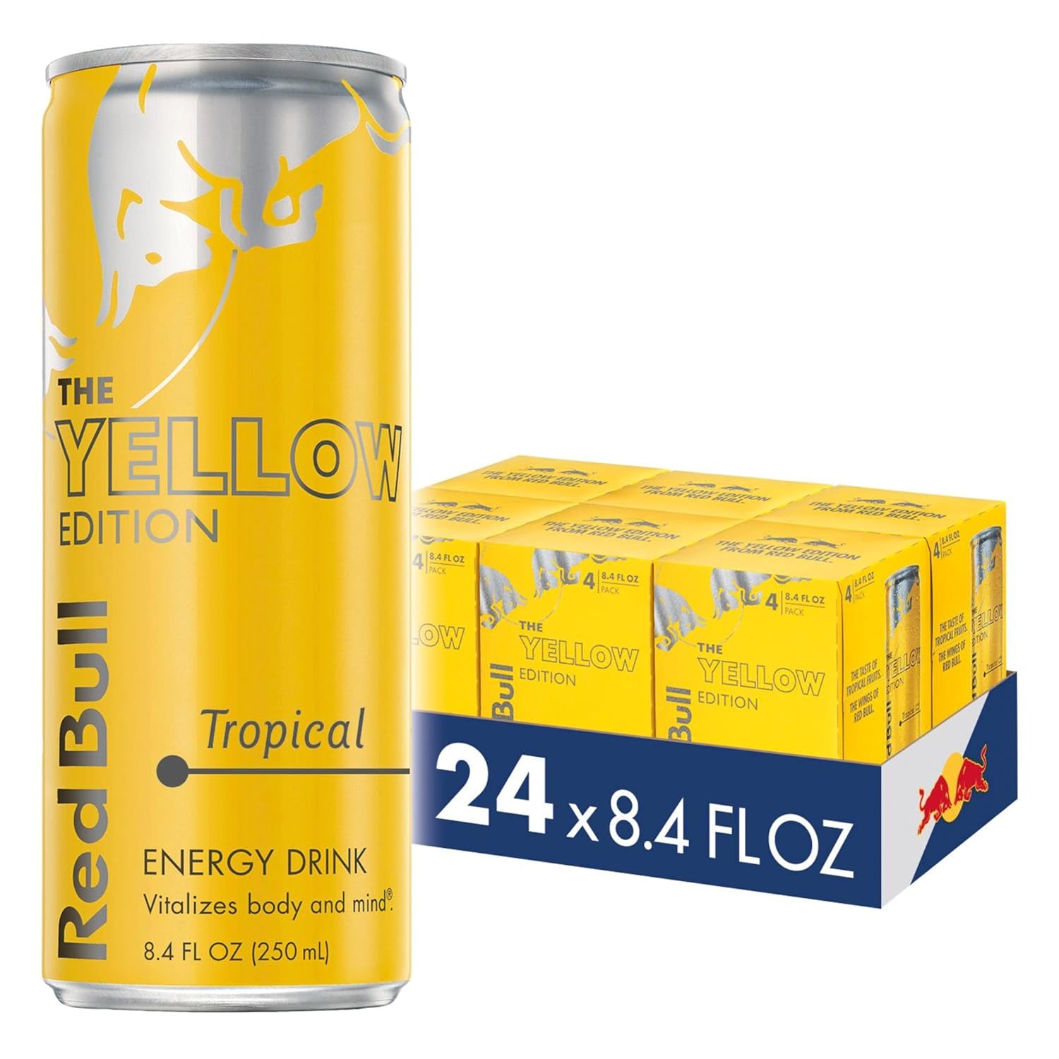 Four cans of Red Bull Red Edition Watermelon Energy Drink, 8.4 Fl Oz, showcasing vibrant red and watermelon flavor branding.