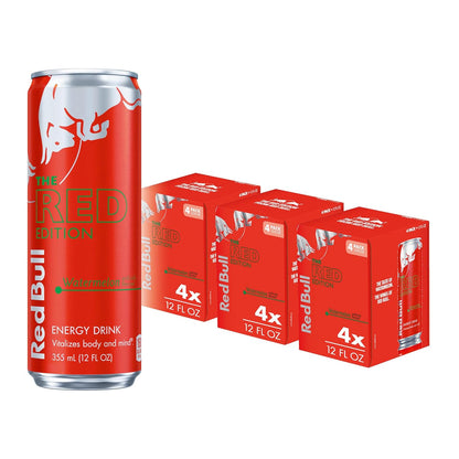 Four cans of Red Bull Red Edition Watermelon Energy Drink, 8.4 fl oz each, with vibrant red and green watermelon-themed packaging.