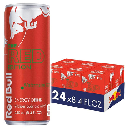 Four Red Bull Summer Edition Sudachi Lime energy drink cans with vibrant red and green packaging, 12 fl oz each, in a pack of 24