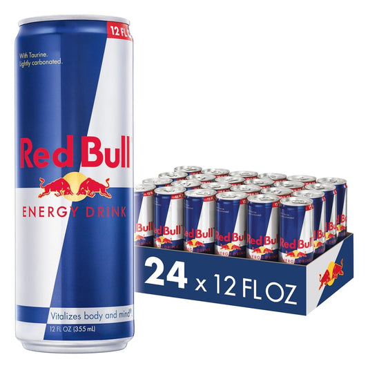 Six packs of Red Bull Energy Drink cans, 8.4 fl oz each, featuring red and silver design with the Red Bull logo and energy drink branding.