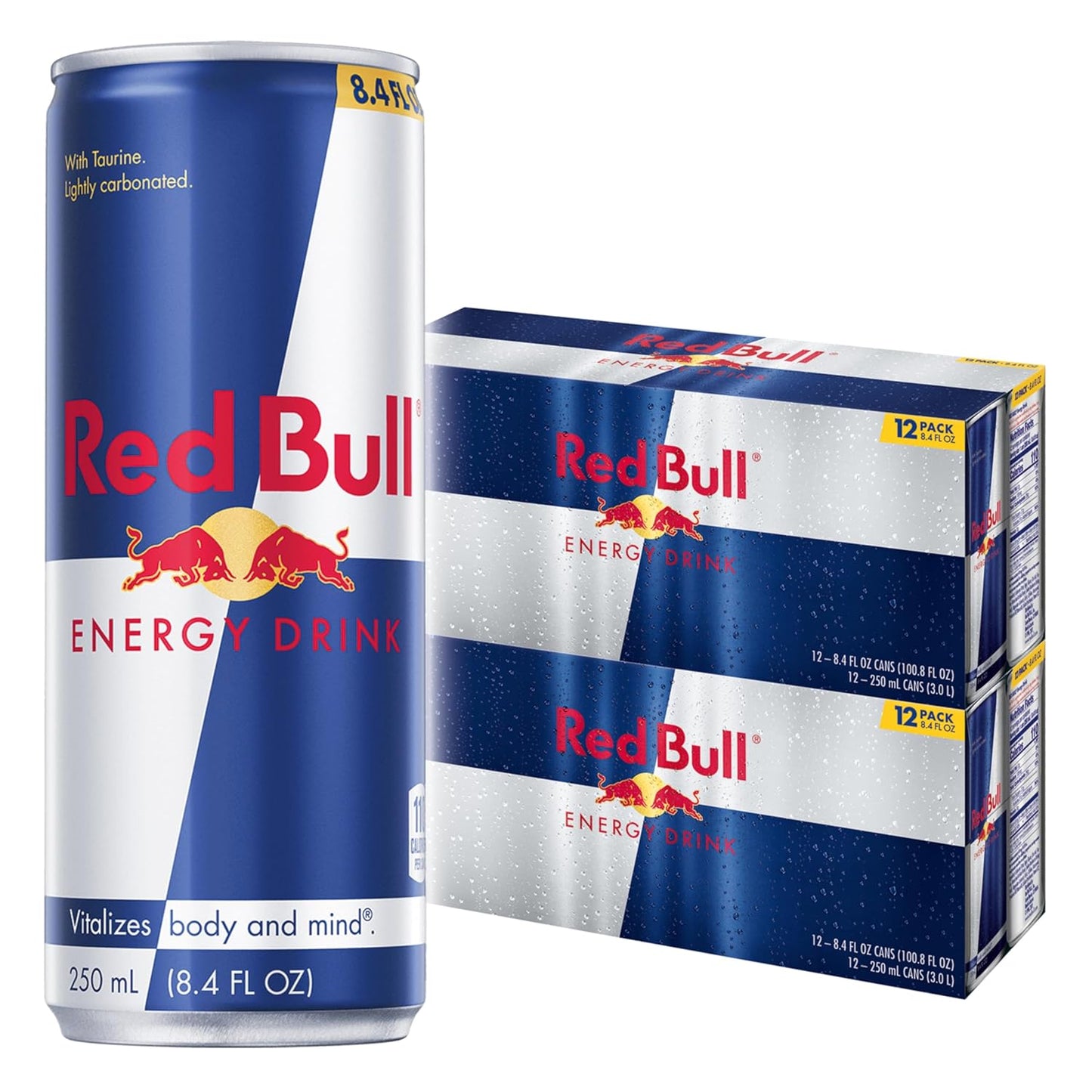 Six packs of Red Bull energy drink cans, 8.4 fl oz each, featuring red and silver branding with energy drink label.