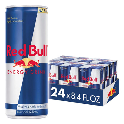 Six packs of Red Bull Energy Drink cans, 8.4 fl oz each, featuring red and silver design with energy drink branding.