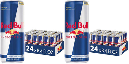 Six packs of four Red Bull Energy Drink cans, 8.4 fl oz each, with red and silver can design and branding visible.