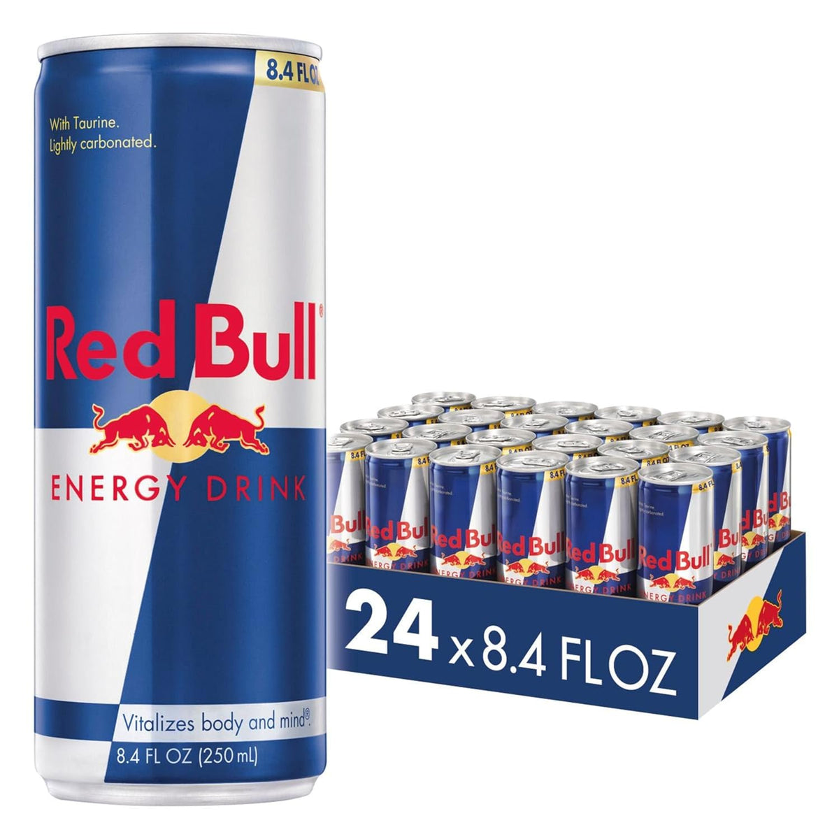 Six packs of Red Bull Energy Drink cans, each 8.4 fl oz, with red and silver design and branding visible on the cans.