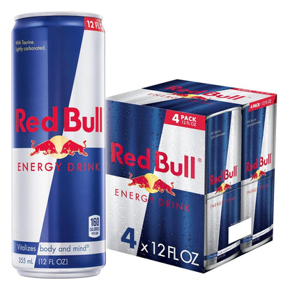 Six packs of Red Bull Energy Drink cans, 8.4 fl oz each, featuring red and silver branding and energy drink labels.