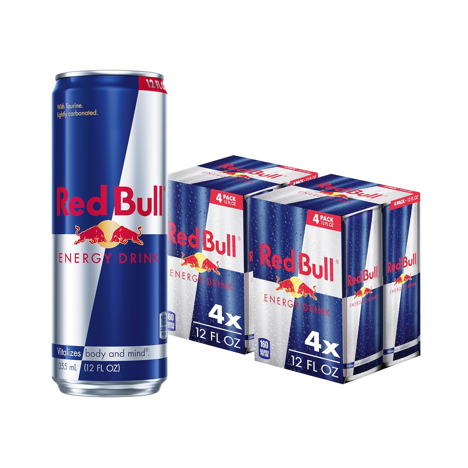 Six packs of four Red Bull Energy Drink cans, 8.4 fl oz each, with red and silver branding and energy drink labels visible.