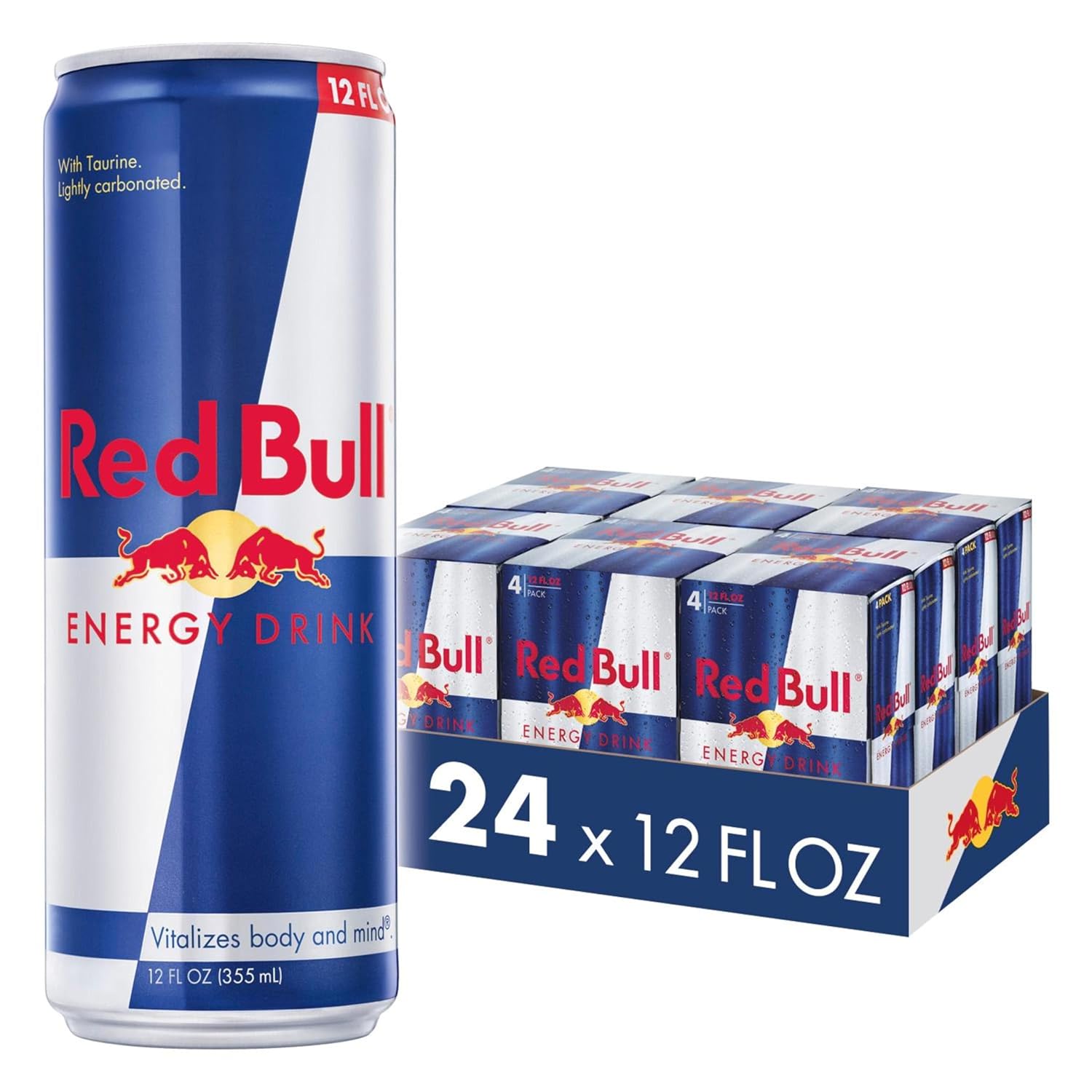 Six packs of Red Bull energy drink cans, 8.4 fl oz each, featuring red and silver design with energy drink branding.
