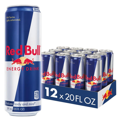 Six packs of four Red Bull Energy Drink cans, 8.4 fl oz each, featuring red and silver design with branding and caffeine info.