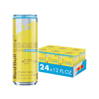 Red Bull Sugar-Free Summer Edition Sudachi Lime energy drink cans, 12 fl oz, pack of 24, with caffeine, taurine, and B vitamins.