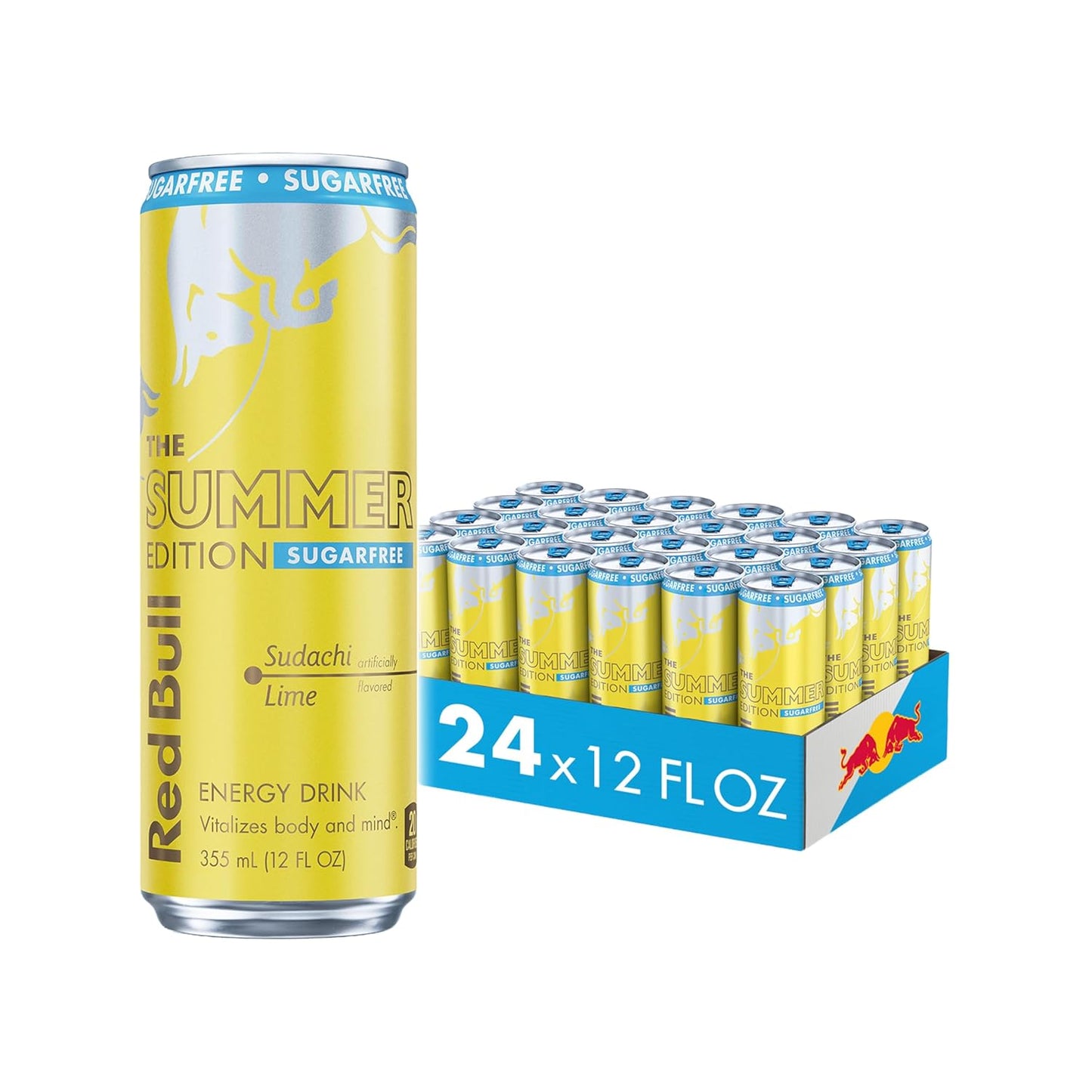 Red Bull Sugar-Free Summer Edition Sudachi Lime energy drink cans, 12 oz, pack of 24, featuring vibrant red and lime illustrations.