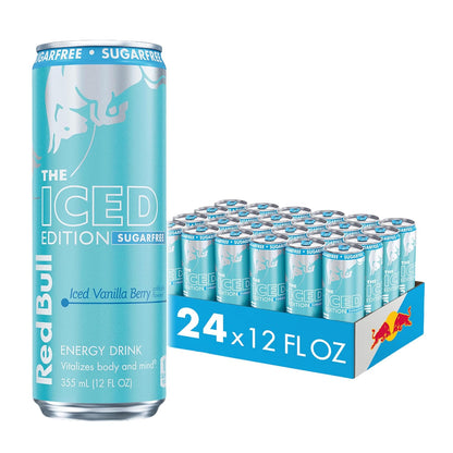 Red Bull Sugar-Free Summer Edition Sudachi Lime energy drink cans, 12 fl oz, pack of 24, featuring vibrant red and green cans.