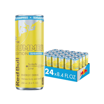 Red Bull Sugar-Free Summer Edition Sudachi Lime energy drink cans with 114mg caffeine, taurine, and B vitamins, 12 fl oz, pack of 24.