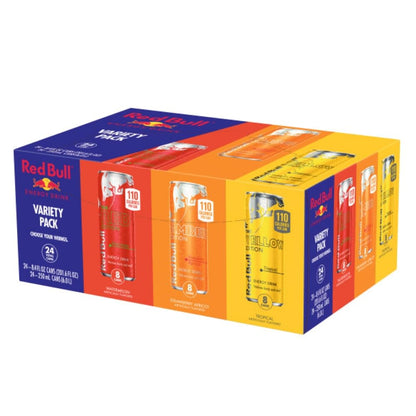 Red Bull Energy Drink Variety Pack with 24 cans featuring Red Edition, Amber Edition, and Yellow Edition, 8.4 fl oz each