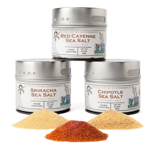 Gustus Vitae Red Hot Sea Salts Collection with three tins of gourmet flavored sea salts in vibrant packaging.