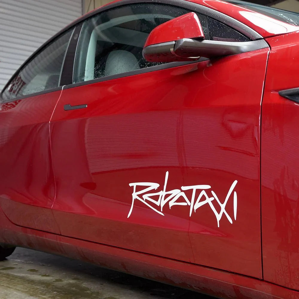 Reflective Robotaxi decal for Tesla body and window, waterproof PVC sticker with bold robotaxi design by Tesery Official Store.