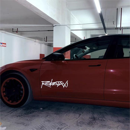 Reflective Robotaxi decal for Tesla body and window, waterproof PVC sticker with bold robotaxi design.