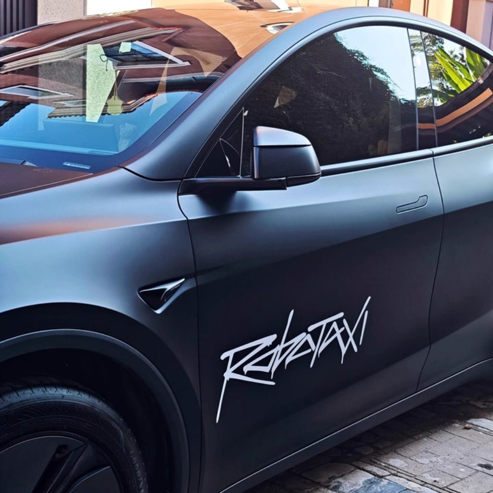 Reflective Robotaxi decal for Tesla body and window, waterproof PVC sticker with bold robotaxi design.