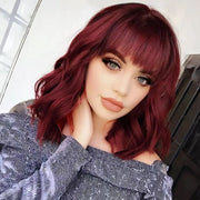 RemyAeki Short Wavy Red Wigs with Bangs for Women Curly Bob Wigs Shoulder Length Burgundy Wine Red Wigs for White Women Synthetic Heat Resistant Fiber Bangs Wigs Medium Length 14 Inch.