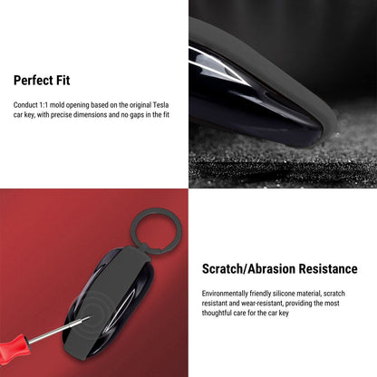 Silicone key fob cover for Tesla Model S/X with metal buckle, offers scratch protection and OEM quality.