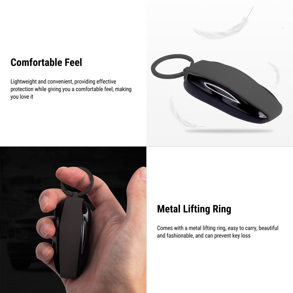 Silicone key fob cover for Tesla Model S and X with metal buckle, providing scratch protection and OEM-quality security.