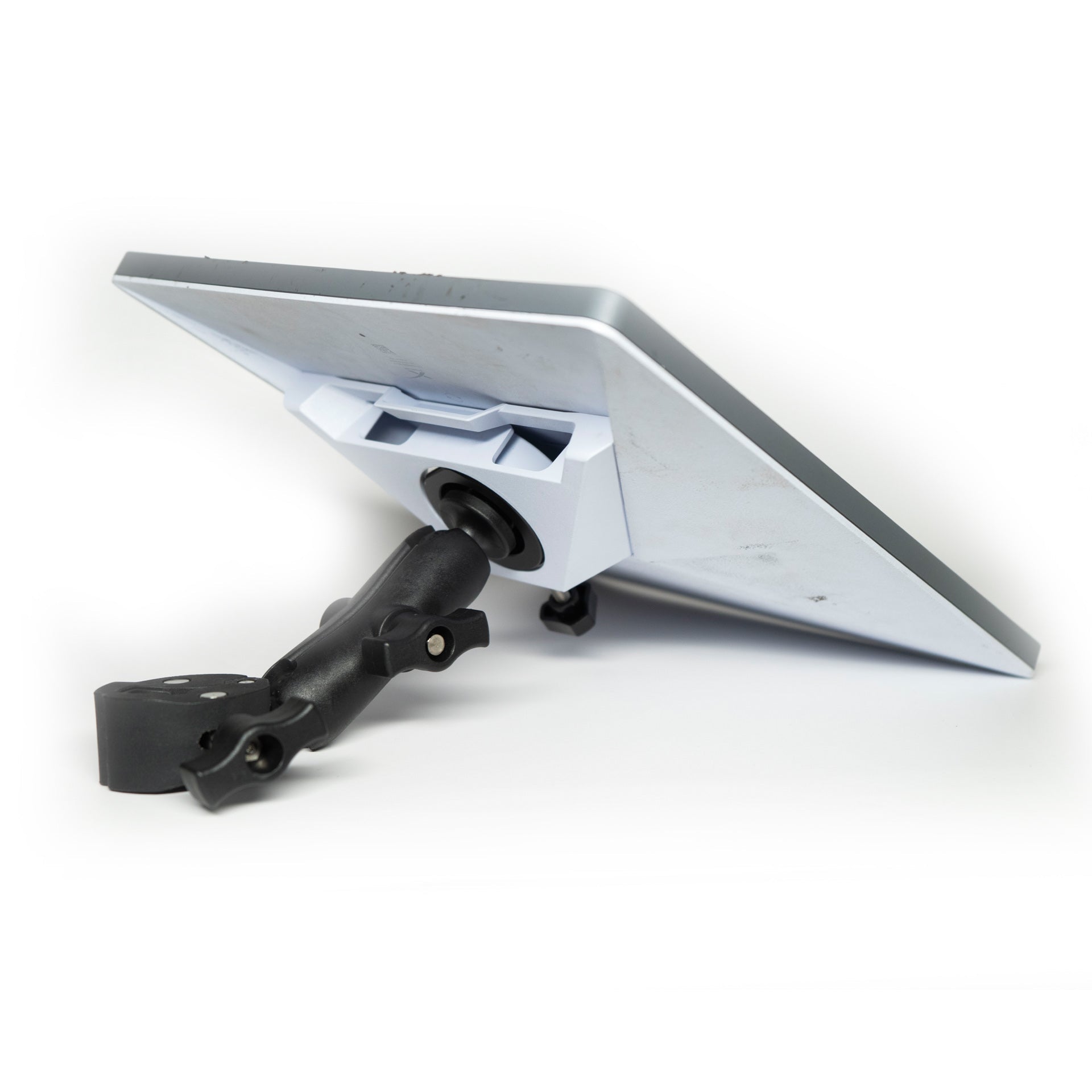 Revolink Starlink Mini Bar Clamp Mount securing satellite dish to a bar for stable outdoor internet setup