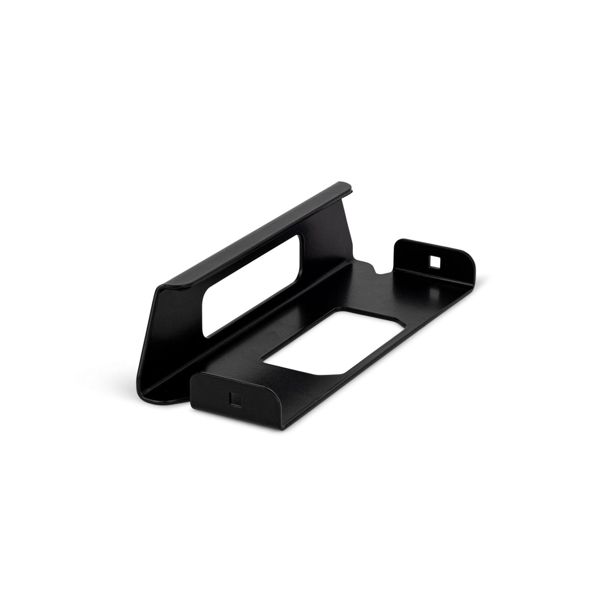 Black Revolink Satellite Gear quick release bracket for Devos AMPak 145 satellite system, shown mounted and ready for installation.