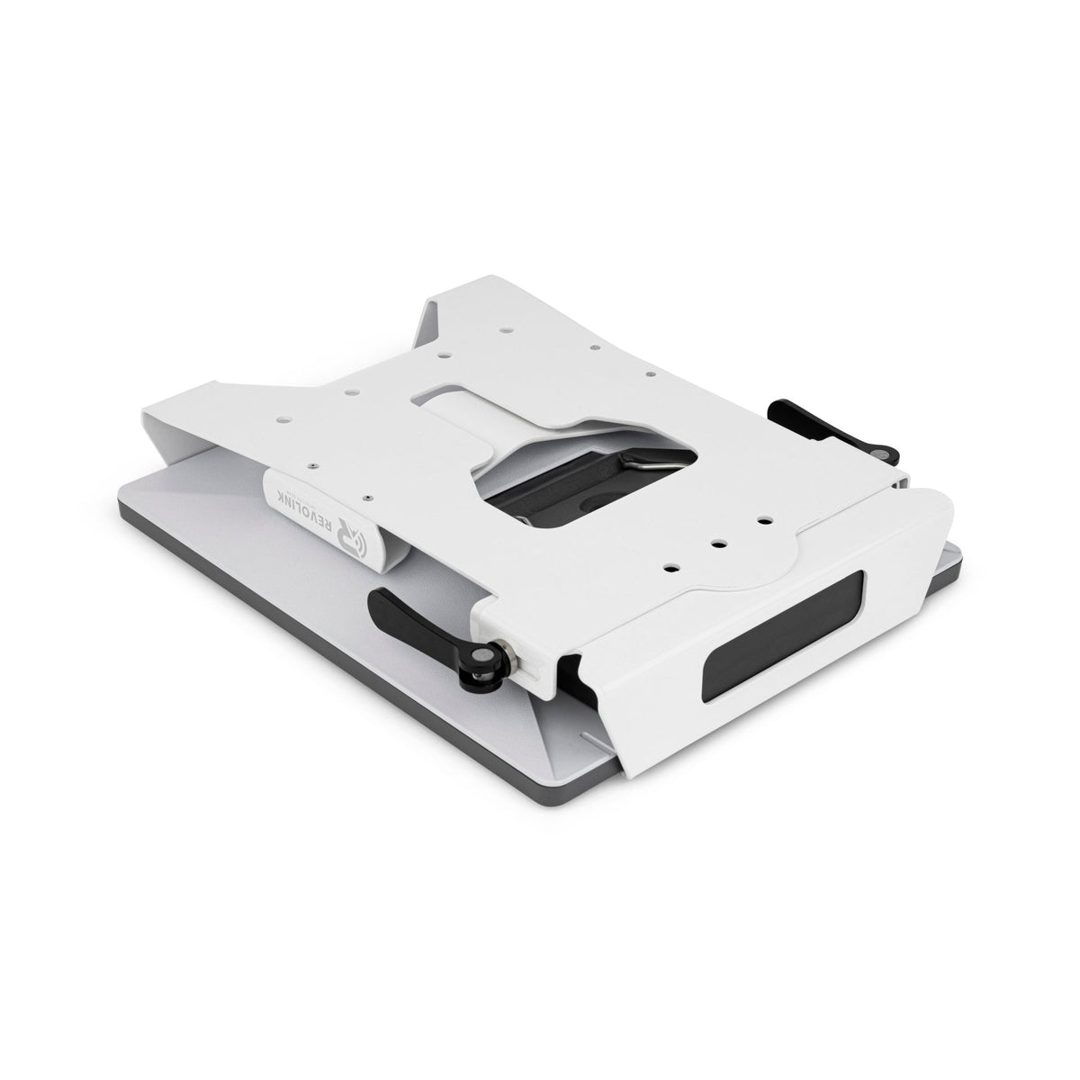 Black quick release bracket for Devos AMPak 145 by Revolink Satellite Gear, designed for secure attachment and easy removal.