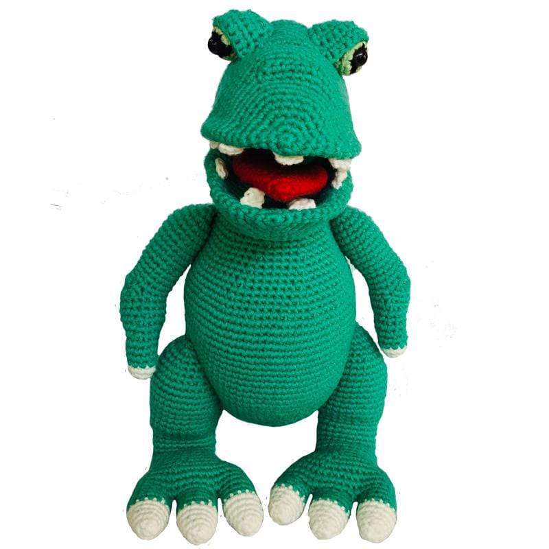 Handmade organic cotton Rex the dino stuffed animal by Bebemoss, soft and cuddly dinosaur toy for children.